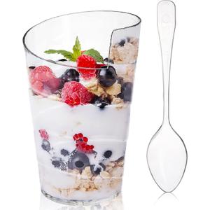 Fasmov 100 Pack 2 Oz Mini Dessert Cups with 100 Spoons, Clear Plastic Parfait Appetizer Cup for Tasting Party Desserts Appetizers