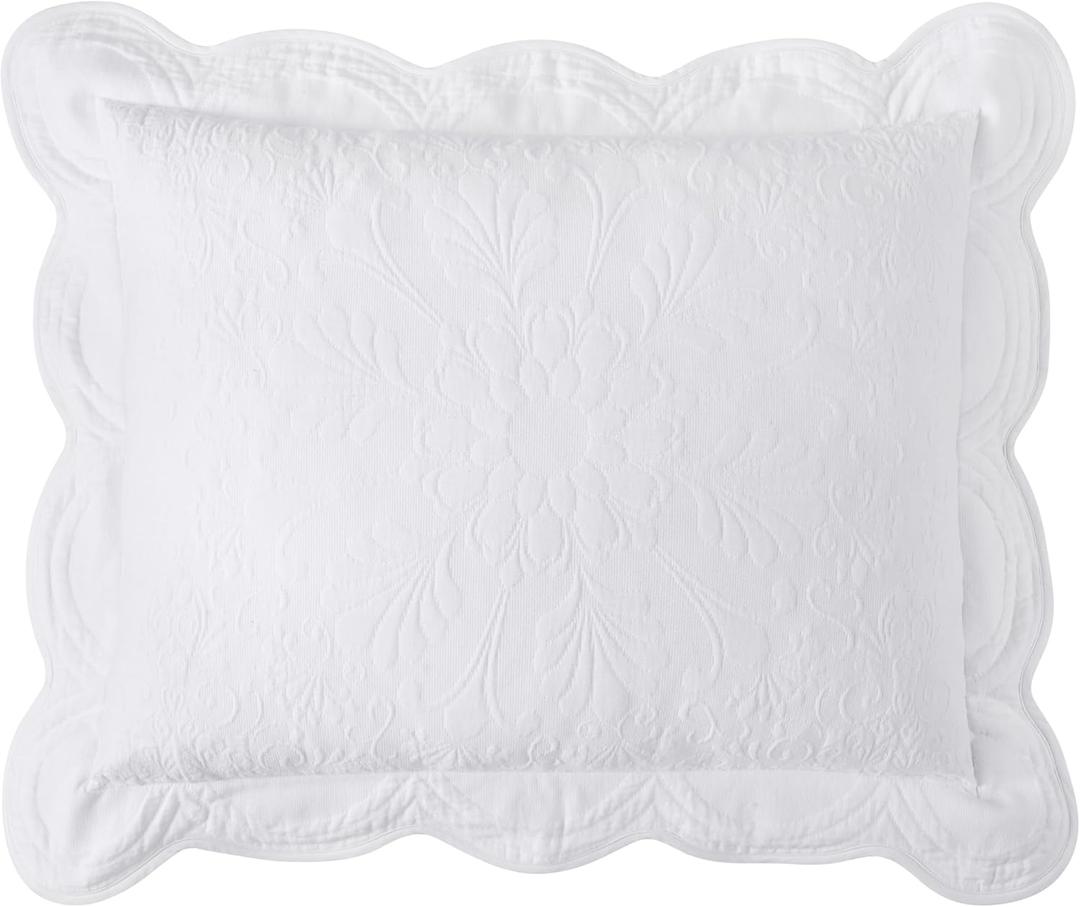 Charleston Estate Modern Farmhouse Floral Matelasse Decorative Pillowcase with Scalloped Edges, 100% Cotton Breathable Bedding, Standard Sham (20" x 26"), White Floral