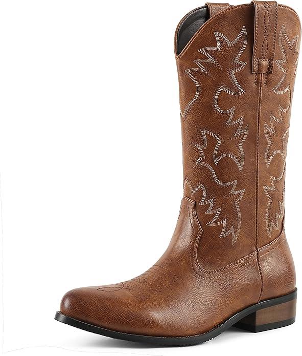 femflame Cowboy Boots for Men Round Toe Distressed Work boots Embroidered Western Boots Traditional Country Boot 10.5