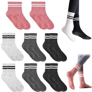 8 Pairs Women Pilates Socks with Non-Slip Grips, Yoga Calf Crew Athletic Socks for Dance Yoga Barre Hospital Workout
