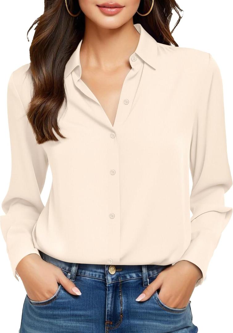 COUXILY Beige Dress Shirts Women Womens Blouse Button Down Up Silk Shirt Long Sleeve Blouses Collared Slim Wrinkle Free Fit Formal Tops for Casual Work Business Tunic Work Top Cream Size XL