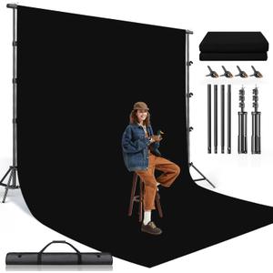 BEIYANG 8.5X10 FT Photo Background Stand with 10X12 FT Black Backdrop Screen, Adjustable Background Holder Support System Kit for Photography Video, Parties Decoration with Carry Bag & Clamps