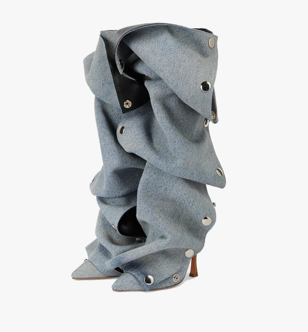 Arqa Womens Stiletto Heel Knee High Boots Pointed Toe Applique Denim Boot with Zipper Silver Buttons Fall Slouchy Boot 10