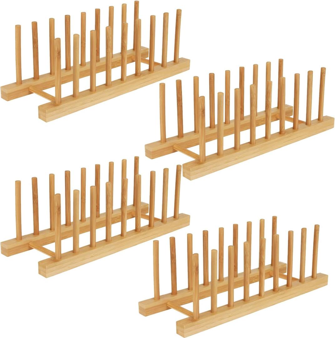 4 Pack Bamboo Wooden Dish Drying Rack, Plate Organizer for Cabinet, Plate Rack Pot Lid Holder for Dishs, Bowls, Cups, Cutting Boards and Books, Kitchen Cabinet Organizer