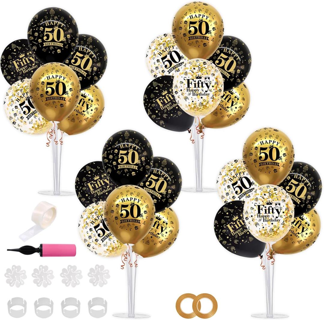 TONIFUL 4 Set Black Gold Balloon Stand Kit for Birthday Decorations for 50th,Balloon Centerpieces for Table Party Decorations Cheers to 50 Years Old Birthday for Men and Women