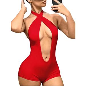 BEAUDRM Women's Sexy Club Outfits Backless Rompers Rave Date Night Cut Out Criss Cross Halter Shorts Party Jumpsuits (Solid Red, Medium)
