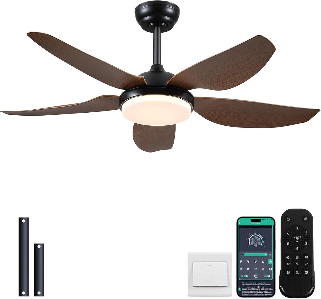 46 Inch Ceiling Fans with Lights and Remote/APP Control,Modern Downrods Flush Mount Ceiling Fan with 5 Reversible Blades 6 Speeds, 3 Colors Dimmable for Bedroom Kids Room, Brown