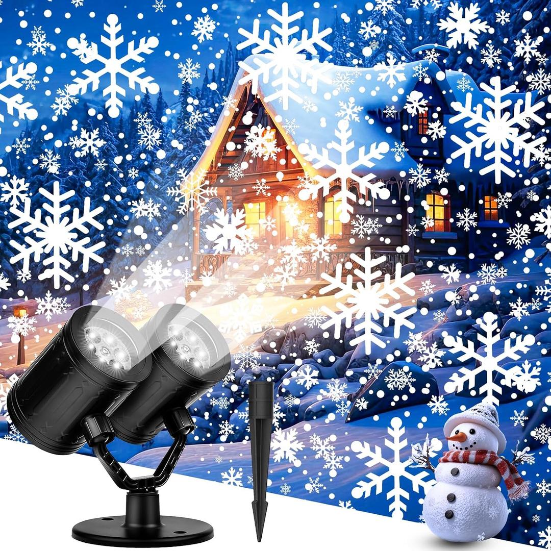 Christmas Snowflake Projector Lights Outdoor Waterproof 2025 Upgraded Double Head Dynamic Rotating Snowflake Projector for Indoor Xmas Holiday Party Gardens Wall Decoration