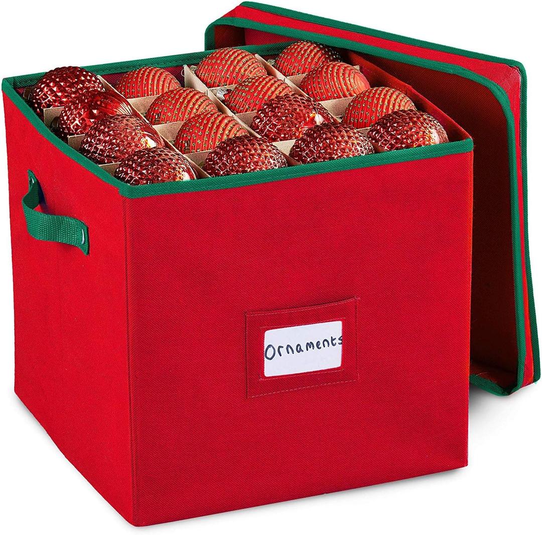 Durable Non-Woven Christmas Ornament Storage Box with Removable lid, Stores up-to 64 Standard Holiday Ornaments & Xmas Decorations For Seasons To come - 12 x 12 Inch 4 Layer Ornament Storage Container