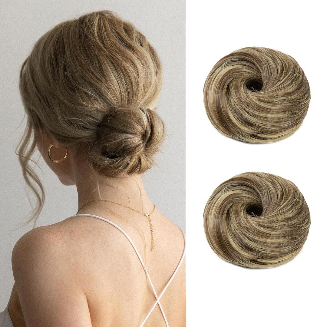 IOVOIMMSL 2PCS Small Cute Messy Bun Hair Piece for Thin Hair Women Mini Synthetic Curly Bun Scrunchies Updo Hairpieces Brunette And Butter Blonde