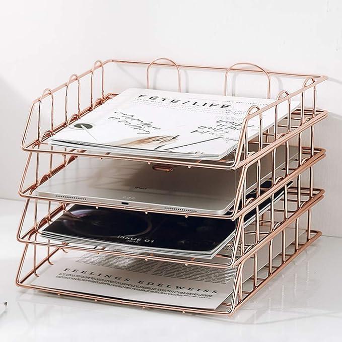 Jolitac Rose Gold 4-Tier Stackable Paper Tray Desk Organizer, Workspace Decorative Stacking Rack Supplies Holder, Metal Letter Trays for File Documents in Home & Office (Gold)