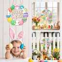 3 x Easter Eggs Wreaths Sign for Front Door, Colorful Eggs Hollow Hanging Solid Wood Happy Easter Sign Decorations for Home Shop Garden