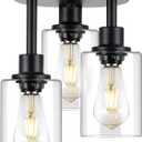 Semi Flush Mount Ceiling Light,3 Lights Clear Glass Shade, Matte Black Finish,Farmhouse Industrial Rustic Ceiling Light Fixture for Hallway Kitchen Island Entryway Bedroom, E26 Socket,11.2.