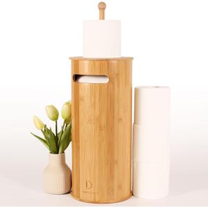 Toilet Paper Stand with 3-Roll Tissue Holder for Boho Bathroom, FreeStanding Bamboo Toilet Paper Holder,Wood Toilet Paper Storage with Lid. (Natural)