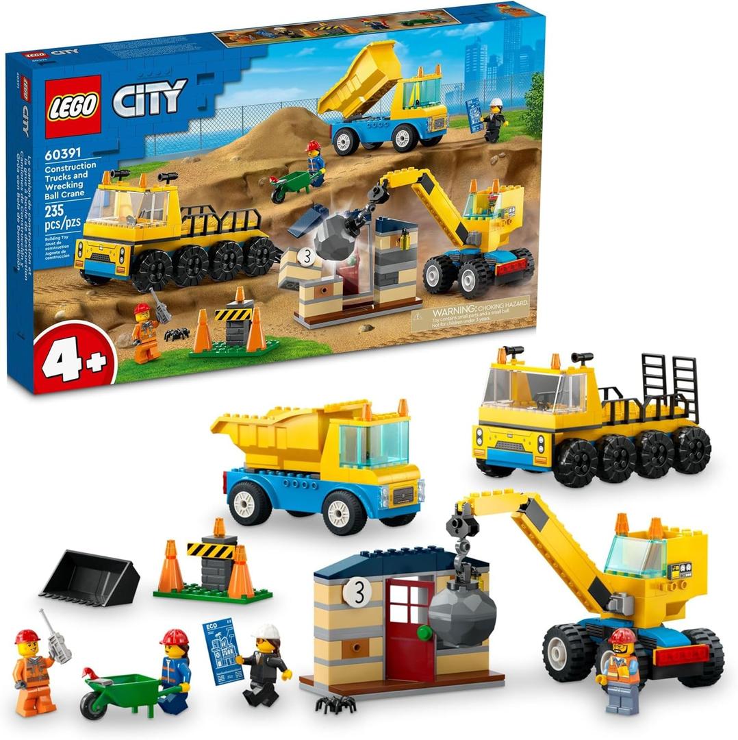LEGO City Construction Trucks and Wrecking Ball Crane 60391 Building Toy Set for Toddler Kids Ages 4+, Includes 3 Construction Vehicles, an Abandoned House and 3 Minifigures for Pretend Play