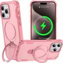 Designed for iPhone 15 Pro Max Case with Magnetic Stand [Military Drop Protection][Compatible with Magnet] Shockproof 15 Pro Max Phone Case with Ring Holder, Pink