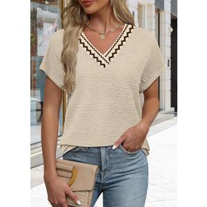 Blouses for Women Dressy Casual Summer Tops Short Sleeve Shirts Business Casual T Shirts Beach Vacation Clothes (Beige, L)