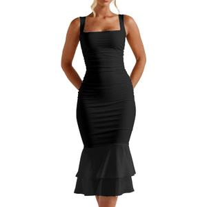 Kaximil Women's Sexy Bodycon Ruched Wedding Guest Midi Dresses Sleeveless Maternity Ruffle Cocktail Party Dress (Black, L)