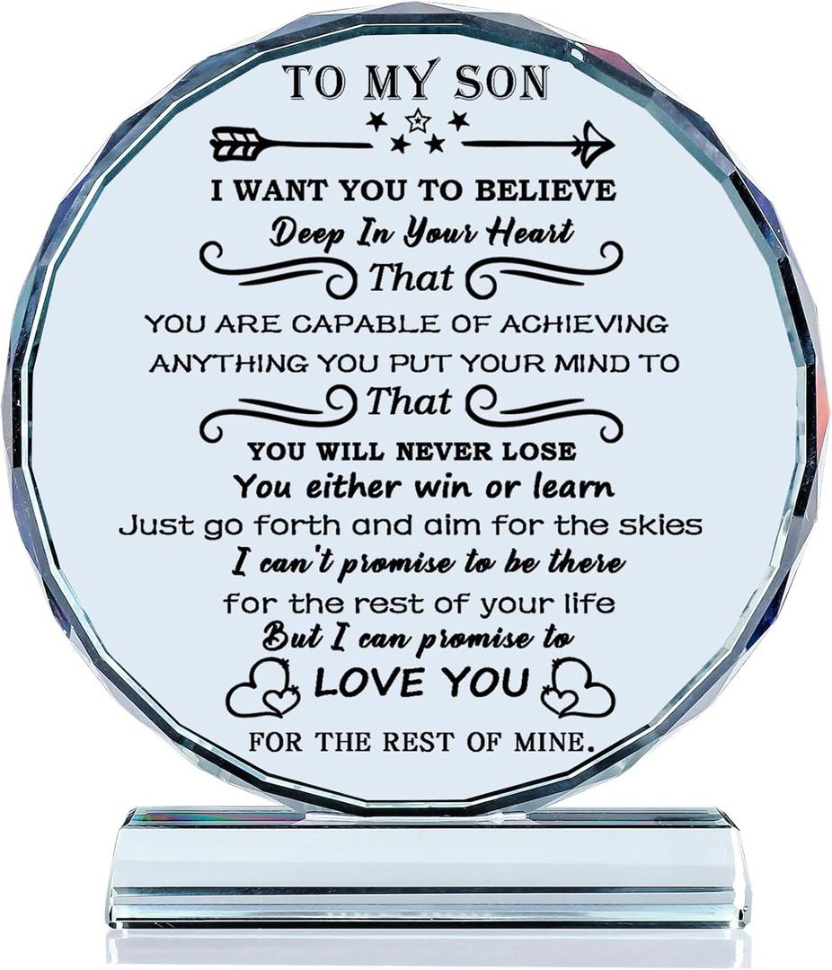 YWHL Son Gifts from Mom Dad Inspirational Birthday Gift Crystal to My Son Adult Teen Boys Present for Back to School Graduation Valentine for Sons