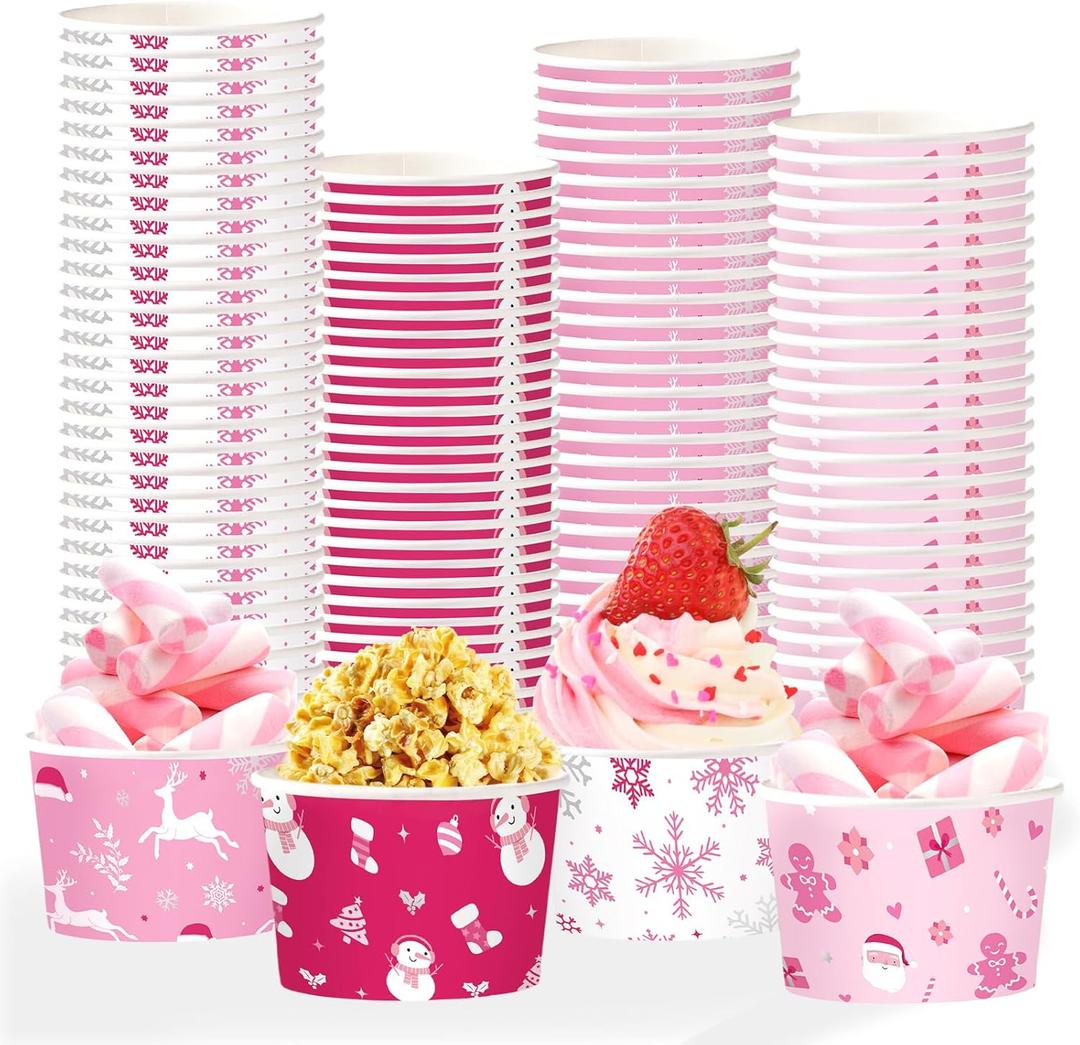120Pcs Christmas Pink Ice Cream Cups 12 oz Disposable Snowflake Snowman Elk Gift Paper Dessert Snack Bowls Winter Food Yogurt Containers for Hot or Cold Food Soup Candies Xmas Holiday Party Supplies
