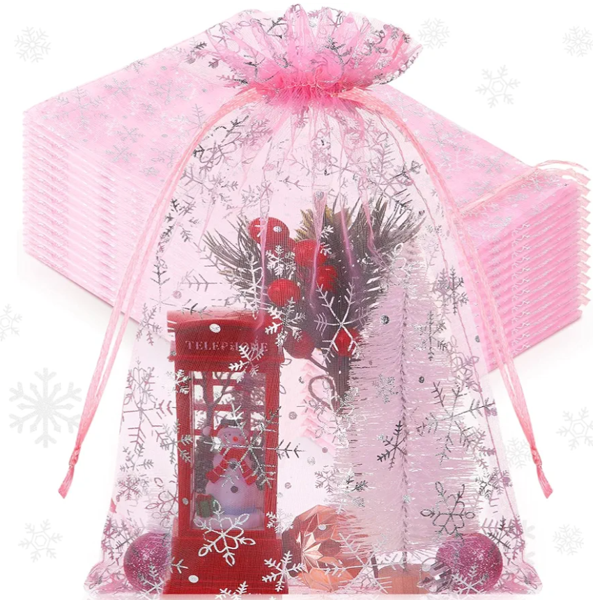 Roowest 50 Pcs Large Snowflake Organza Bags, 8'' x 12'' Winter Mesh Drawstring Gift Bags Bulk Sheer Pouch for Winter Holidays Xmas Wedding Jewelry Candy Packaging(Pink,Silver)