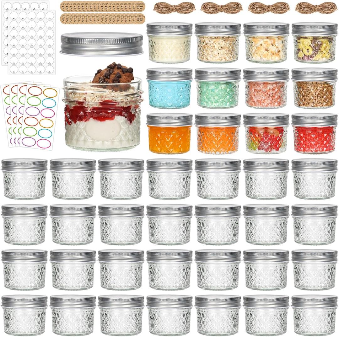 EkkoVla 4 oz Glass Mason Jars with Silver Lid, 40 Pack Regular Mouth Mini Canning Jars for Caviar, Honey, Jam, Jelly, Body Butters, Spice, DIY Candle