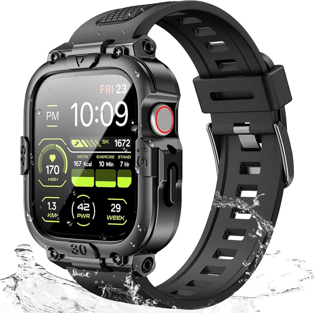 Dsytom Waterproof Case with Band Compatible for Apple Watch Band 45mm 44mm 41mm 40mm for Men ,Rugged Shockproof Smartwatch Strap Protective Bumper Cover with Built-in Tempered Glass Screen Protector (Black)
