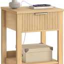 HOOBRO Fluted Nightstand with Charging Station, Modern Wooden Night Stand, 17.7"L x 15.7"W x 23.6"H