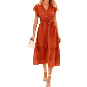 BTFBM Women Summer Bohemian Floral Casual Wrap V Neck Ruffle Cap Sleeveless Belt A-Line Pleated Hem Midi Sun Dress White (Orange, S)