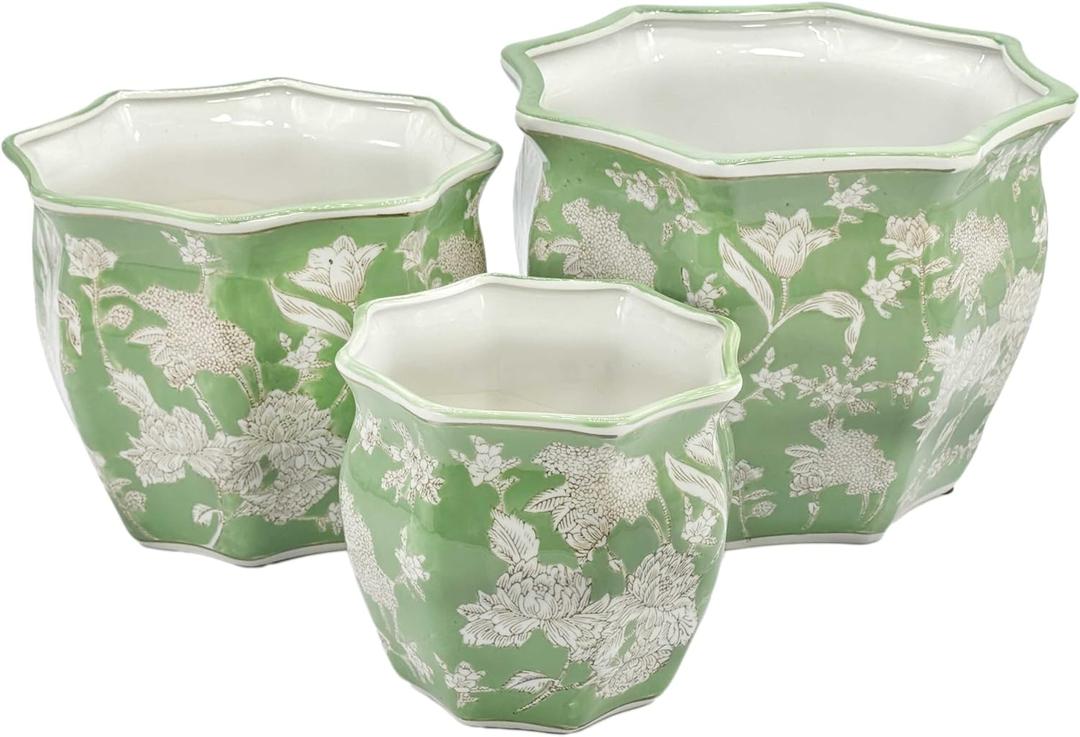 Galt International Green & White Round Fluted Floral Porcelain Ceramic Plant Flower Planter Pot Set of 3 (7.5", 10", 13") Garden Pots Chinese Asian Design