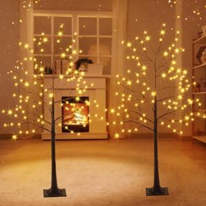 2 Pcs 4ft-96led Lighted Brown Birch Tree Artificial Warm White LED Lights Birch Trees for Home Indoor Outdoor Decor Thanksgiving Christmas Holiday Decor, 8 Modes of Lighting