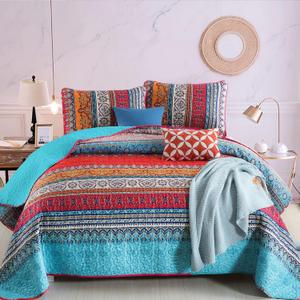 WONGS BEDDING Bohemian Quilt Set Queen Size, Boho Striped Pattern Quilts Bedspread Set for All Season, Soft Microfiber Bedding Coverlet Set 96"x90"(3 Pieces, Queen) (Queen(96"x90"), Blue Red)