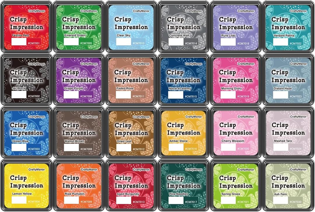 CraftyManor Crisp Impression Mini 24 Color Pigment Ink Pads Set for Stamps, Fingerprint Ink Pad, Stamp Pad for Scrapbook Paper & Stamps for Classroom & Clothing Stamp & Letter Stamps, Archival