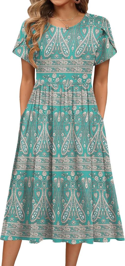 HOTOUCH Women's Summer A-Line Midi Dresses 2026 Casual Floral Short Sleeve T-Shirt Dress Flowy Beach Sundress with Pockets (XXL)