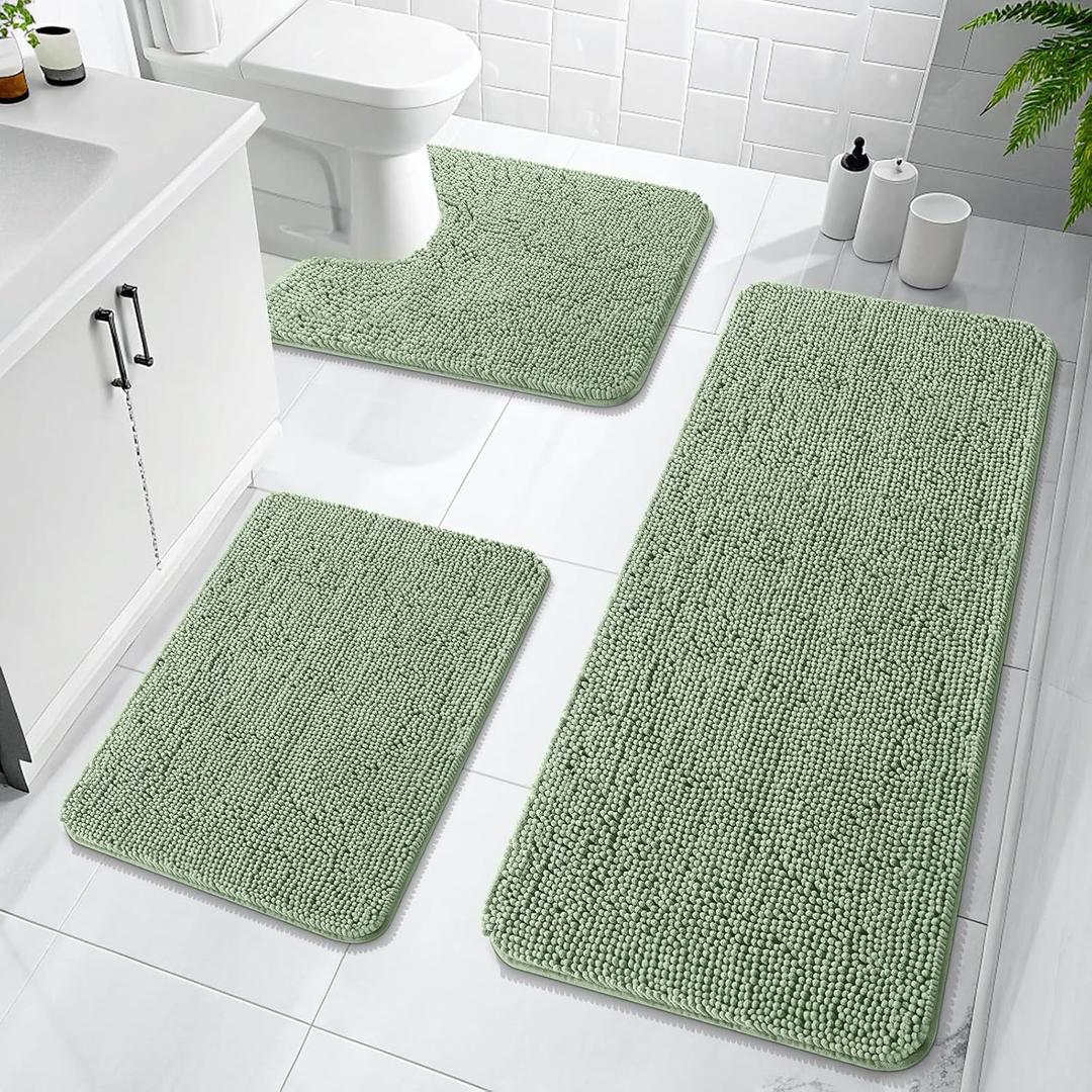 OLANLY Bathroom Rugs Sets 3 Piece, Soft Absorbent Chenille Bath Mats and U-Shaped Contour Toilet Rug, Quick Dry, Home Decor Accessories, Bath Mat Set for Bathroom (47"x20"+24"x16"+24"x20", Sage Green)