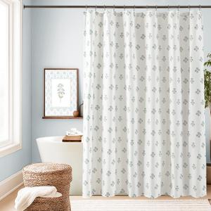 Lino Rosa Blue and Green Floral Shower Curtain, Light Blue and White Spring Summer Shower Curtains for Bathroom, Coastal Farmhouse Botanical Flower Block Print Cloth Fabric Bath Curtain, 72x72