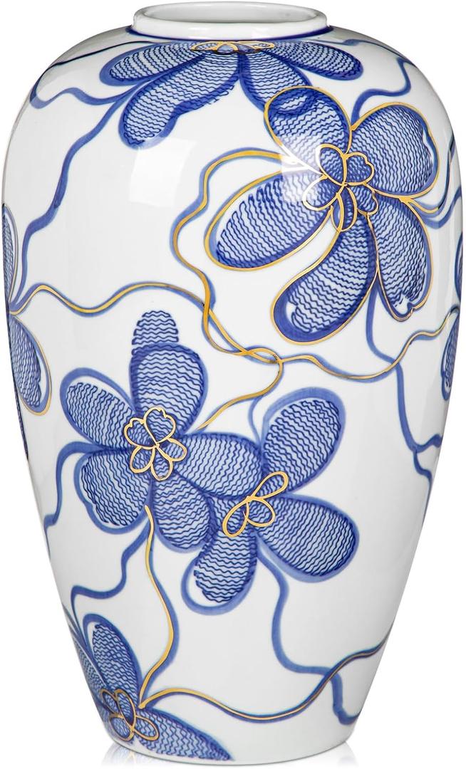 Blue and White Ceramic Vase for Home Decor Hand-Painted Porcelain Flower Vase with Gold Accents Chinoiserie-Inspired Home Decor Vase 11" for Table, Shelf, or Mantel