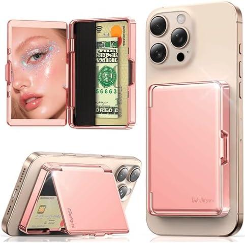 Meifigno Compatible with Mag-Safe Phone Wallet with Mirror & Kickstand, Strong Magnetic Card Holder (3-4 Cards & Cash) Compatible with iPhone 17/16/15/14/13/12 Series, Metal Plating Glossy, Rose Gold