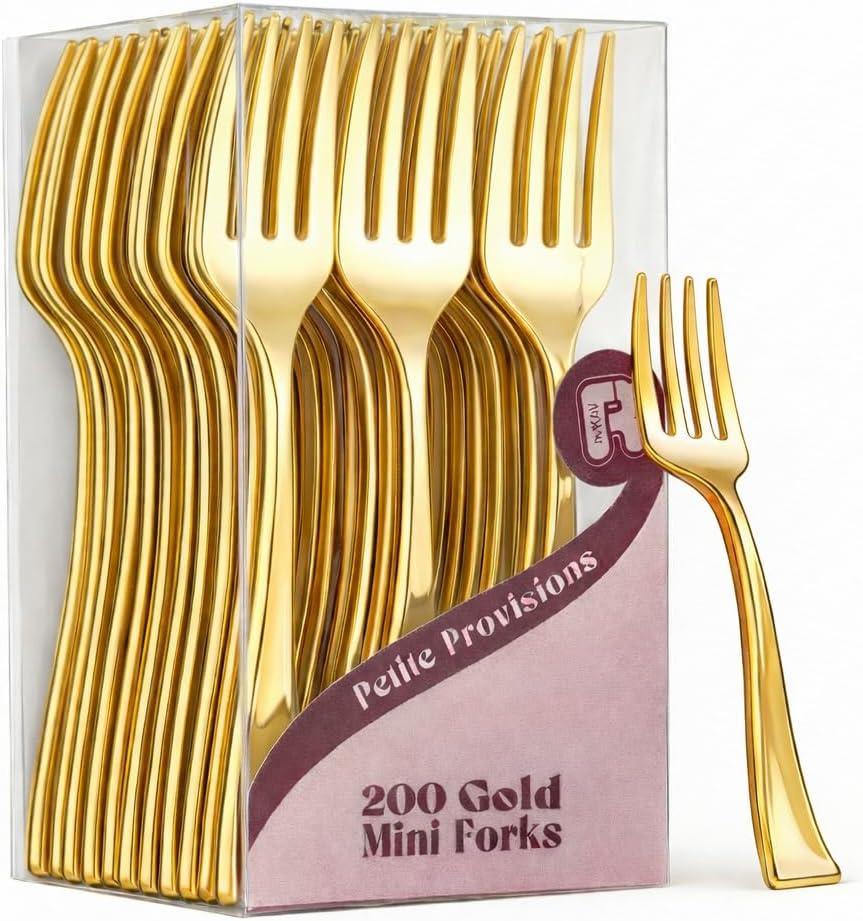 200 Pack Gold Mini Forks - 4 Inch Dessert Forks - Heavy duty Mini Forks For Appetizers, Tastings, Cocktails, Dessert Cups, BPA Free Small Gold Forks