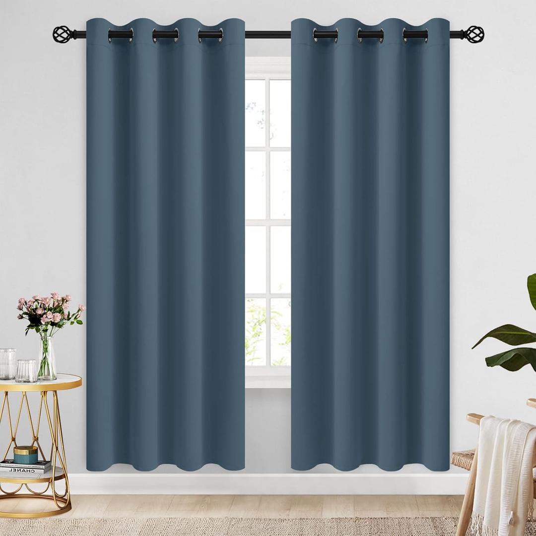 COSVIYA Grommet Blackout Room Darkening Stone Blue Curtains 72 inch Length 2 Panels Set,Thick Polyester Light Blocking Insulated Thermal Window Curtain Drapes for Bedroom/Living Room,52x72 inches