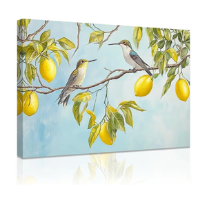 Lemon Tree and Hummingbird Canvas Wall Art Bird with Citrus Painting Prints Yellow Grey Pictures Kitchen Home Office Decor Framed(Blue,16L x 24W)