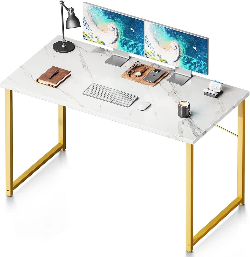 Coleshome 48 Inch Computer Desk, Modern Simple Style Desk for Home Office, Study Student Writing Desk, White Marble and Gold Leg