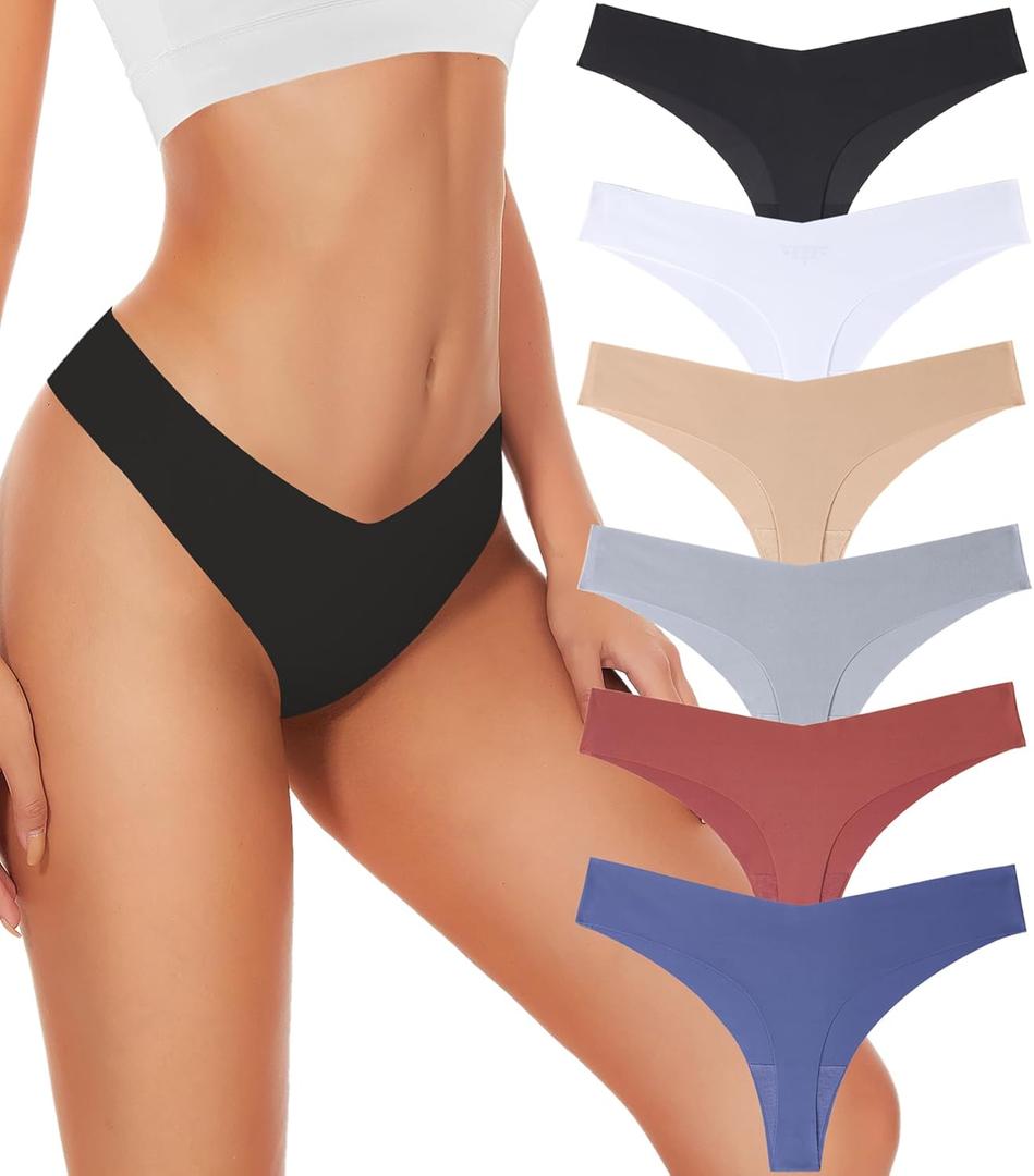Hellopopgo Seamless Thongs For Women V-waisted No Show Thong Seamless Panties Breathable Comfortable Underwear Womens 6-Pack (Small, Multicolored-h1-6pack)