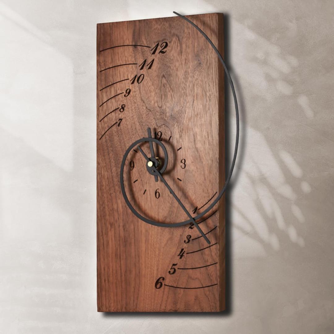 ACODE 14 Inches Fibonacci Curve Rectangular Wall Clock, Walnut Wall Clock Battery Operated Silent Non-Ticking, Wooden Clock dial with Black Spray Metal Pointer, Wall Decor,Decorative Table Clock