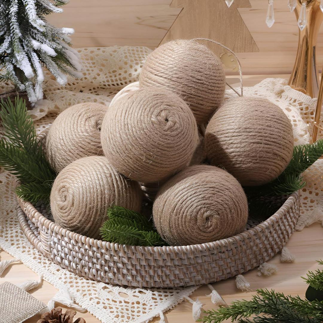 12 Pcs Large Christmas Ball Ornaments Boho Farmhouse Jute Rope Balls Burlap Neutral Rustic Ornaments for Xmas Tree Wreath Garland Holiday Wedding Home (Brown,3.15 Inch)