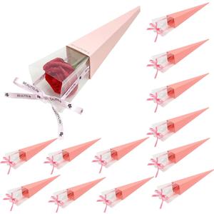 12 Pcs Flower Bags for Bouquets Single Rose Sleeve Box Transparent Triangle Rose Bag DIY Flower Wrapping Paper for Graduation Wedding Birthday Floral Arrangement (Pink)