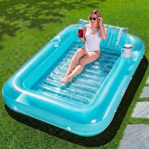 SLOOSH Inflatable Tanning Pool Lounger Float, 85" x 57" Extra Large Pool Floats Adult with Pillow, 4 in 1 Suntan Tub Raft Floatie,Sunbathing Bed Lounge for Water Blow Up Ball Pit Party Gifts, XL-Blue