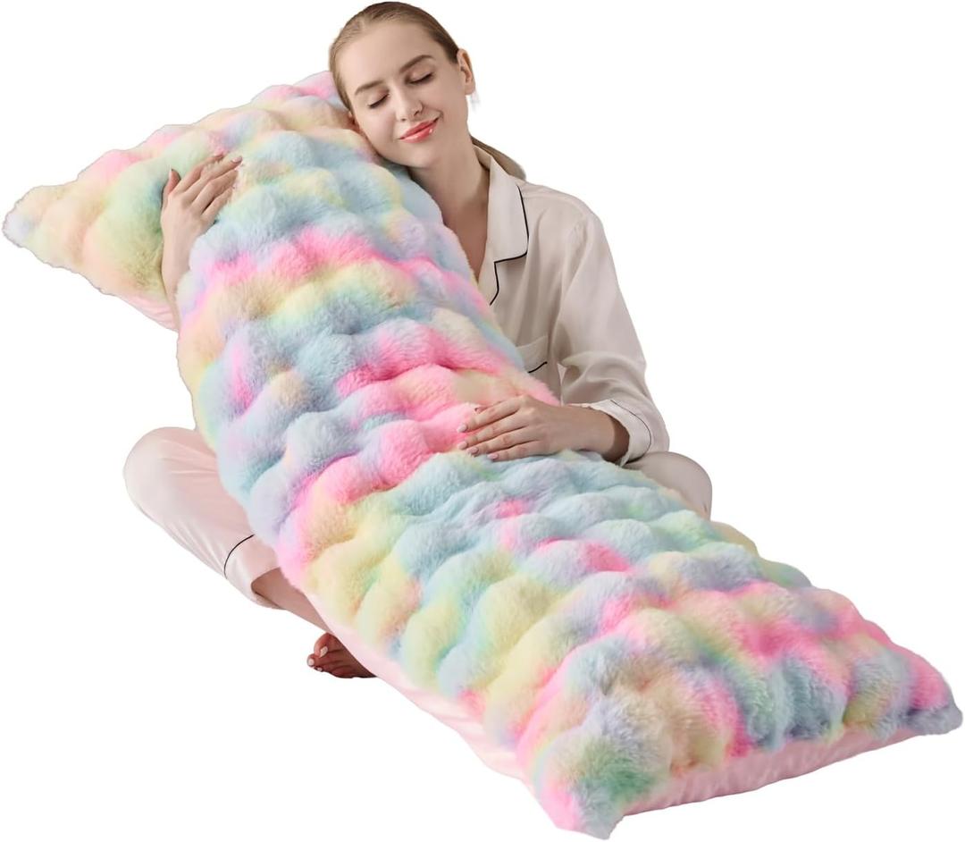 Luxury Shaggy Faux Fur Body Pillow,Fluffy Bed Pillow with Zipper Closure, Soft Decorative Plush Full Long Pillow,Fuzzy Hug Pillow for Home Living Room Side Sleeper & Pregnancy 20"x54" Rainbow