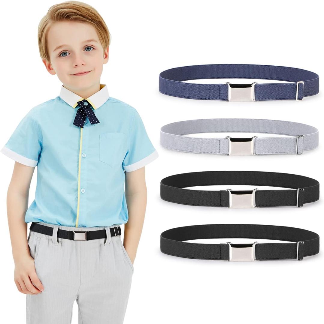 JASGOOD Kids Toddler Belt Elastic Stretch Adjustable Belt for Boys and Girls with Silver Square Buckle 2 Pack (Suit for pants size below 26'', Z-black+black+grey+blue)