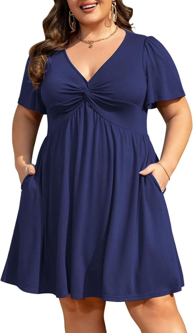 Manllenshie Women's Plus Size Summer Dress Casual Short Sleeves Deep V Neck Twist Knot Front Flowy Dress with Pockets (XX-Large)